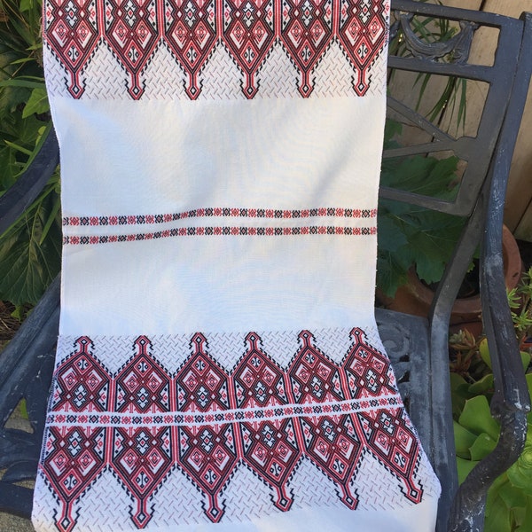 Greek Vintage-styled handmade woven 17”x38", table runner with Cretan design, locally sourced cotton, Made in Greece.