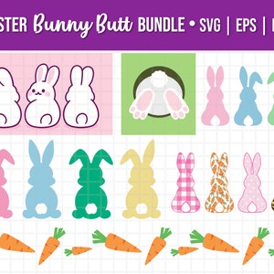 May include: A set of 12 Easter bunny butt SVG cut files. The files include solid bunnies in pink, blue, green, and yellow, as well as patterned bunnies in gingham, carrot, polka dot, and leopard print. The set also includes a carrot and a bunny butt with a tail.