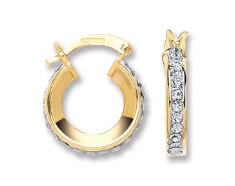 9ct Yellow Gold 12mm Diameter Hoop Earrings Set With Cubic Zirconia's 1.3g