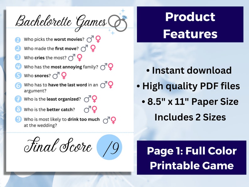 Bachelorette Party Games Printable, Bride VS Groom, FUN Clean Hens
