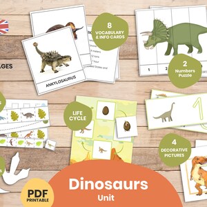 DINOSAURUS EENHEID BUNDEL · Dinosaurussen studie-eenheid · Montessori geïnspireerd: nomenclatuur en infokaarten · Tellen en cijfers · Puzzel · Snijden · Levenscyclus ·