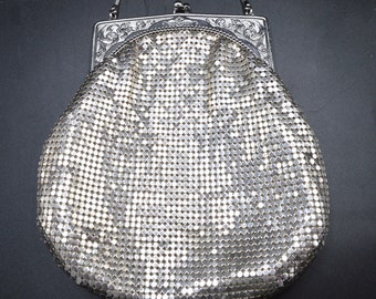 Whiting and Davis Mid-Century Silver Mesh Bag With Engraved Frame