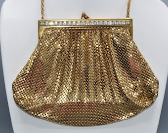 Whiting and Davis Mid-Century Gold Mesh Bag With Crystal Embellishment