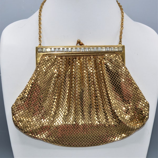 Whiting and Davis Mid-Century Gold Mesh Bag With Crystal Embellishment