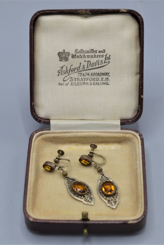 Edwardian Drop Dangling Earrings with Topaz Glass… - image 2