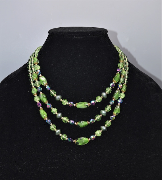 Mid Century 3 Strand Glass Bead Necklace - image 2