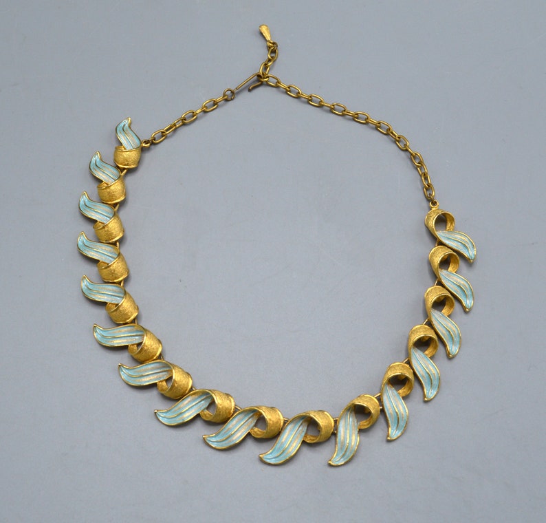 Vintage Gold Tone and Light Blue Enamel Necklace image 2