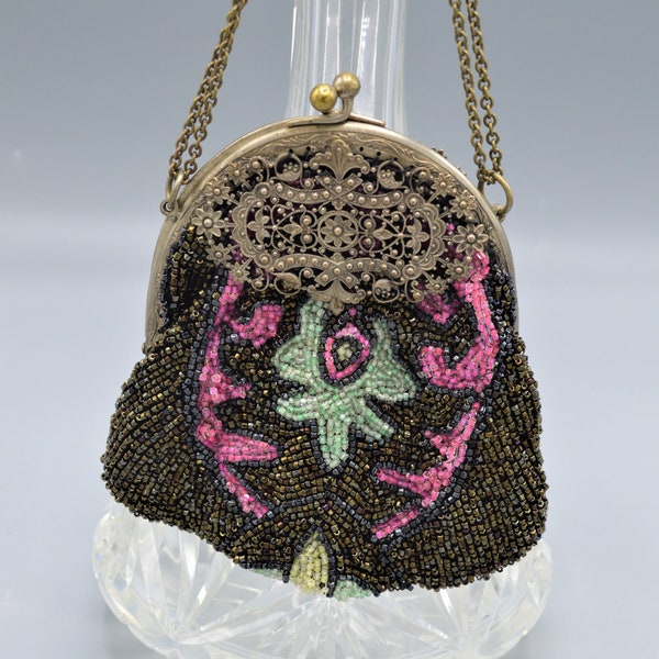 1920's Floral Beaded Handbag with Ornate Filigree Frame