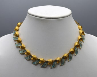 Vintage Gold Tone and Light Blue Enamel Necklace