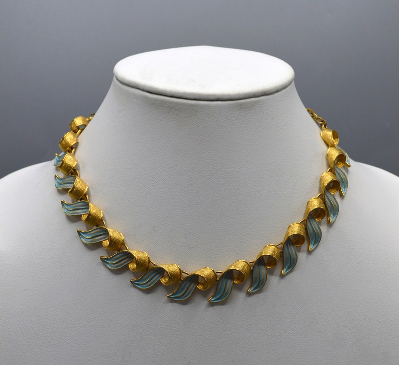 Vintage Gold Tone and Light Blue Enamel Necklace image 1