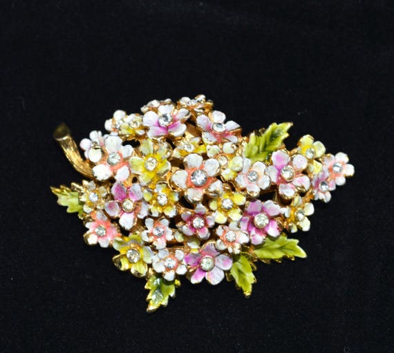 Vintage Corocraft Enamel & Rhinestone Flower Brooch/Pin