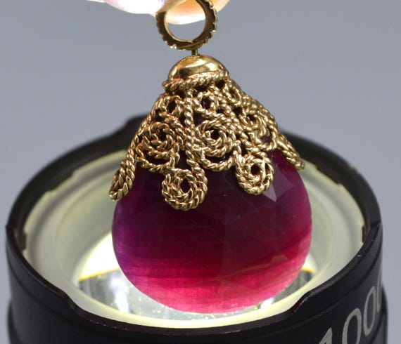 10k Gold Filigree Ruby Pendant: Pear Briolette So… - image 2