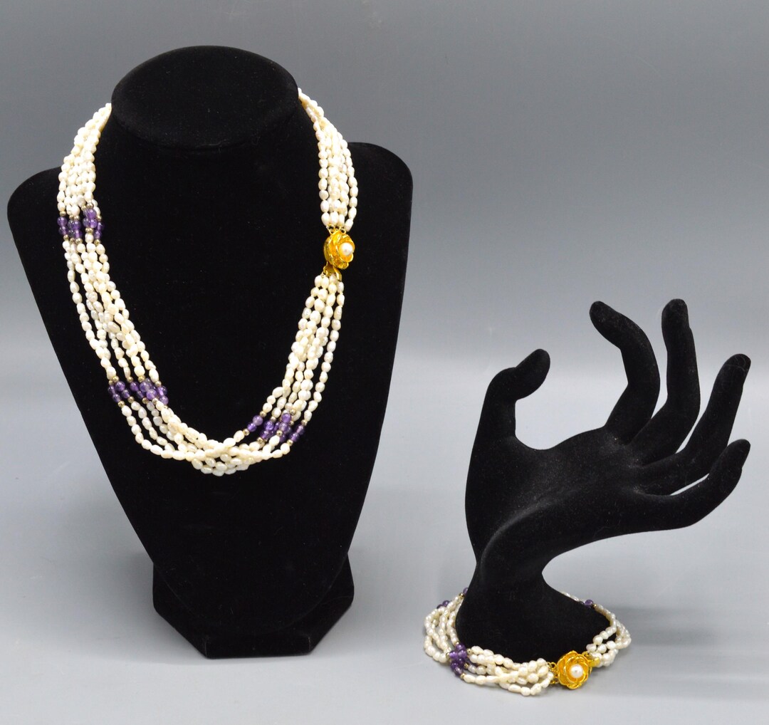 Vintage Multi-strand Rice Pearl and Amethyst Bead Necklace & Bracelet ...