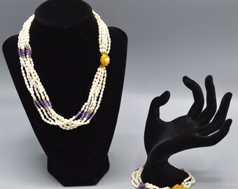 Vintage Multi-Strand Rice Pearl and Amethyst Bead Necklace & Bracelet Set