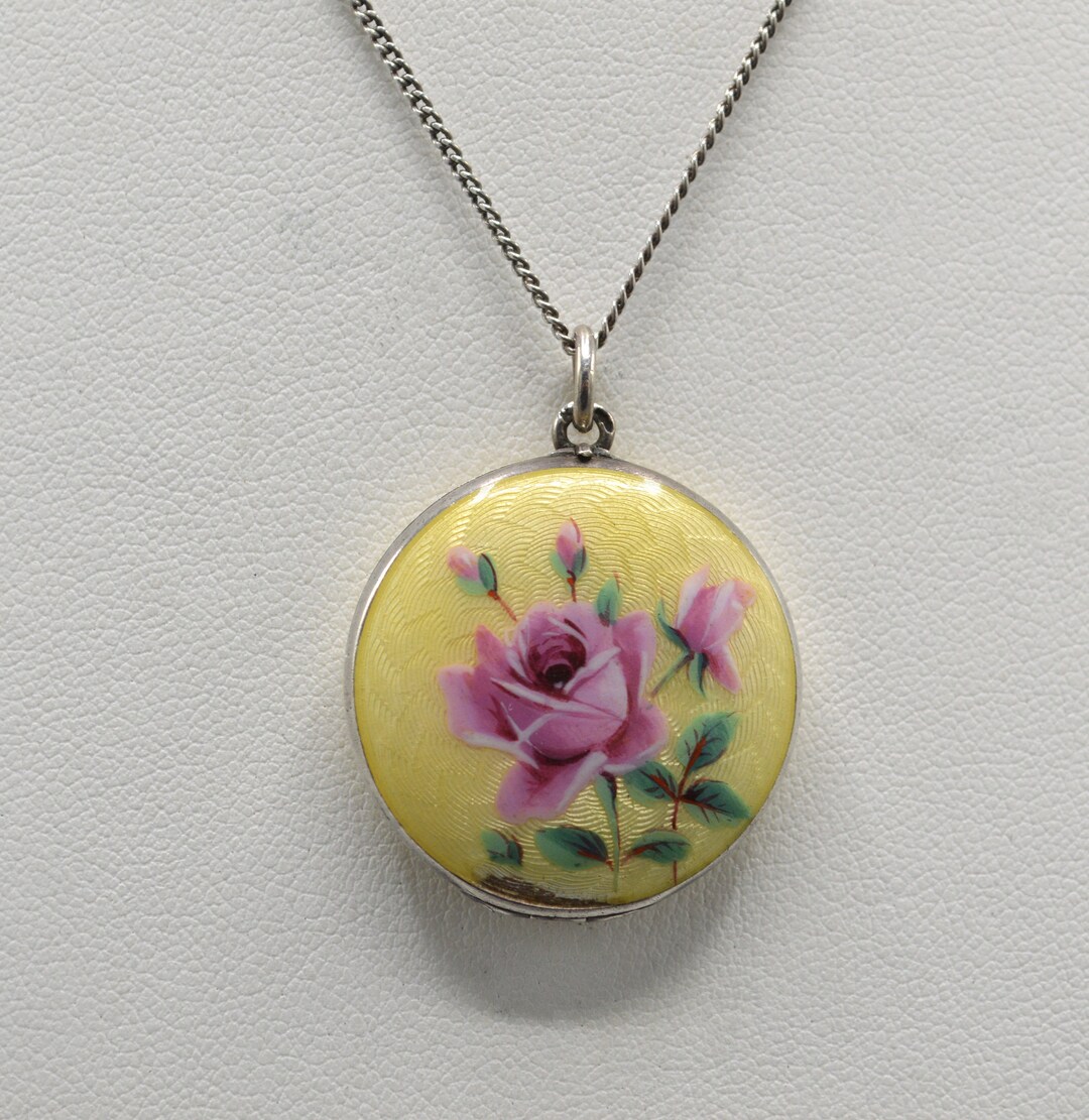 Antique Guilloche Enamel on Silver Locket With Pink Rose on Yellow - Etsy