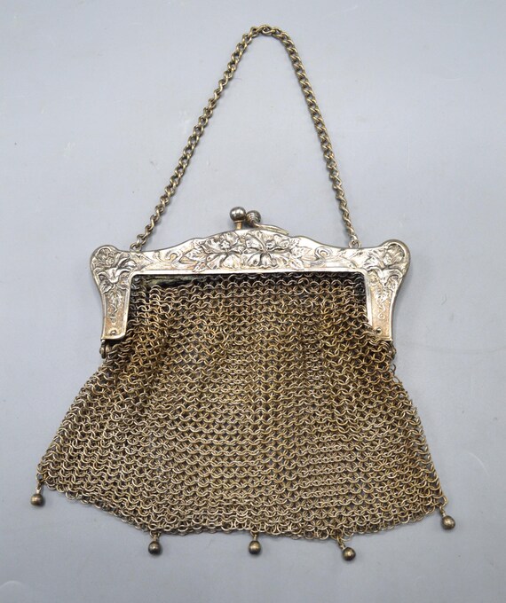Antique Art Nouveau German Silver Chain Mail/Mesh Evening Bag Floral Frame