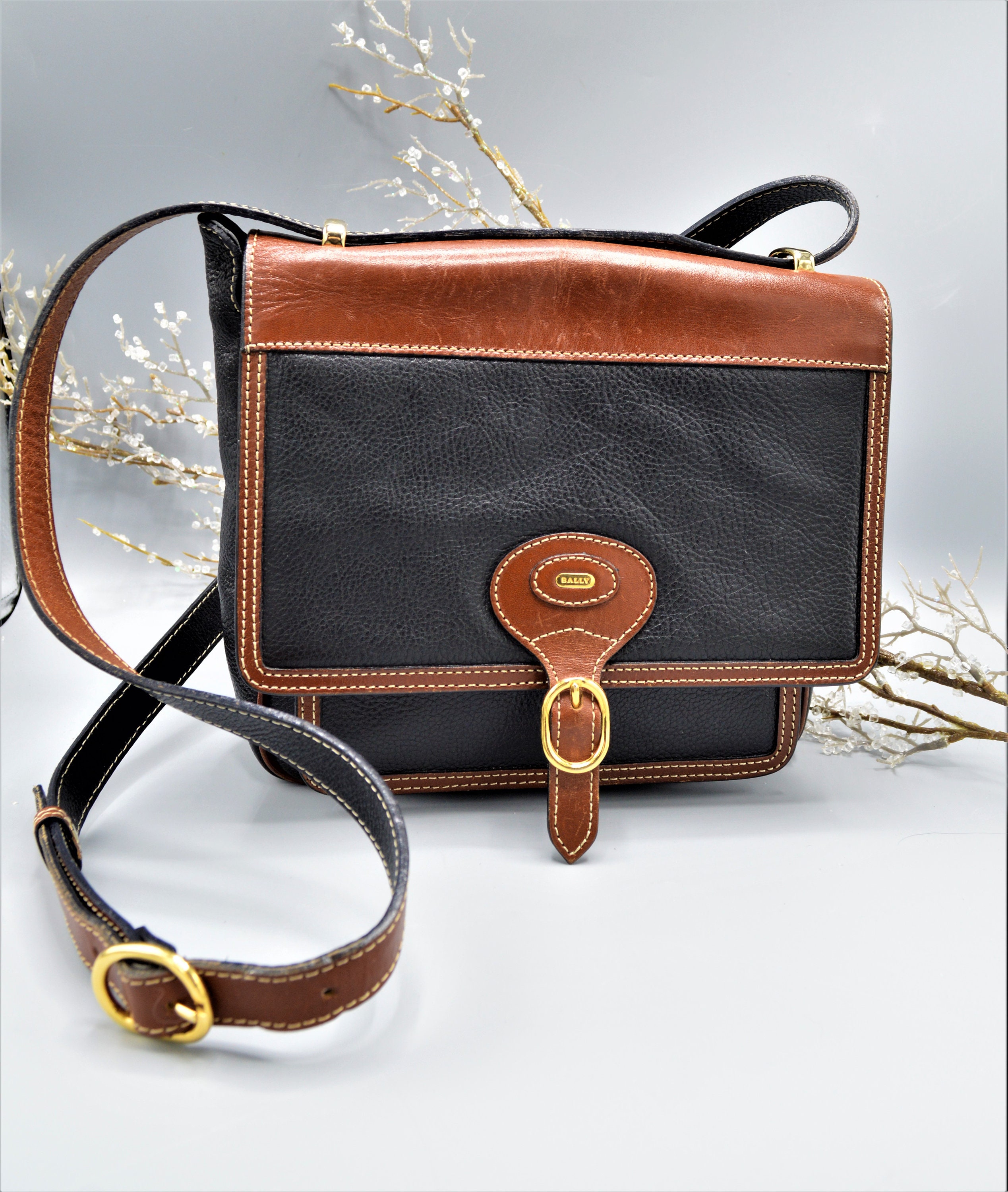 Bally Vintage Black and Brown Leather Crossbody Flap Front Bag Etsy