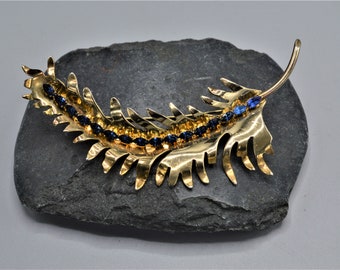 Large Sterling Vermeil and Blue Crystal Leaf Brooch