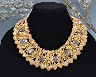 Avant Garde Collar Necklace with Pale Peach Beads and Woven Gold Chains