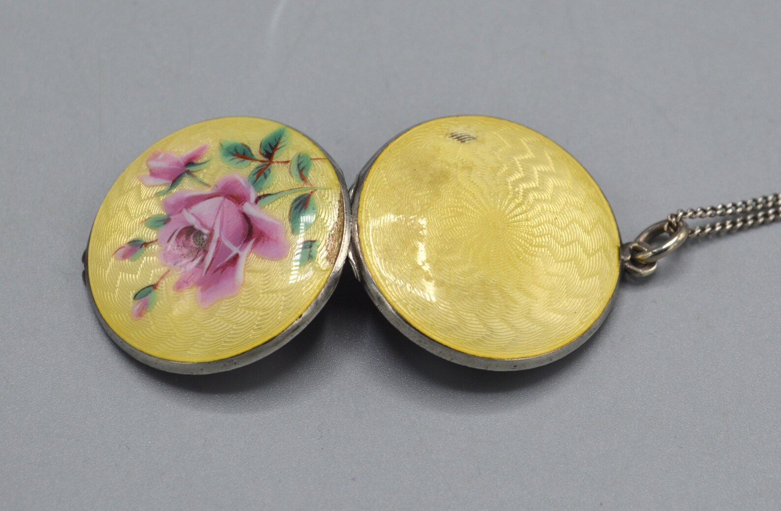 Antique Guilloche Enamel on Silver Locket With Pink Rose on Yellow - Etsy