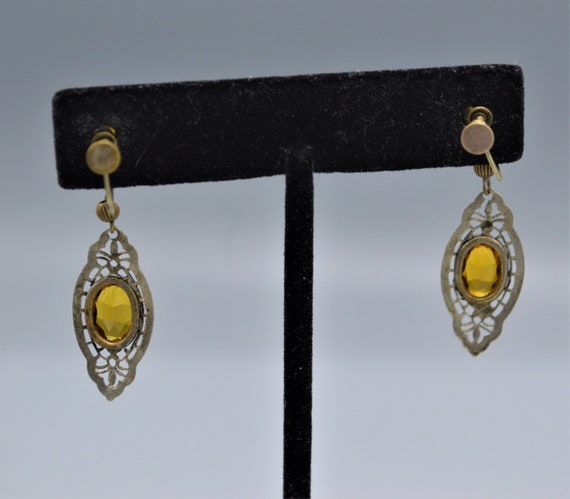 Edwardian Drop Dangling Earrings with Topaz Glass… - image 3