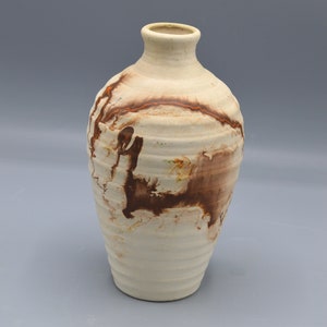 Nemadji  Beige Brown Orange Swirl Ribbed Pottery Vase