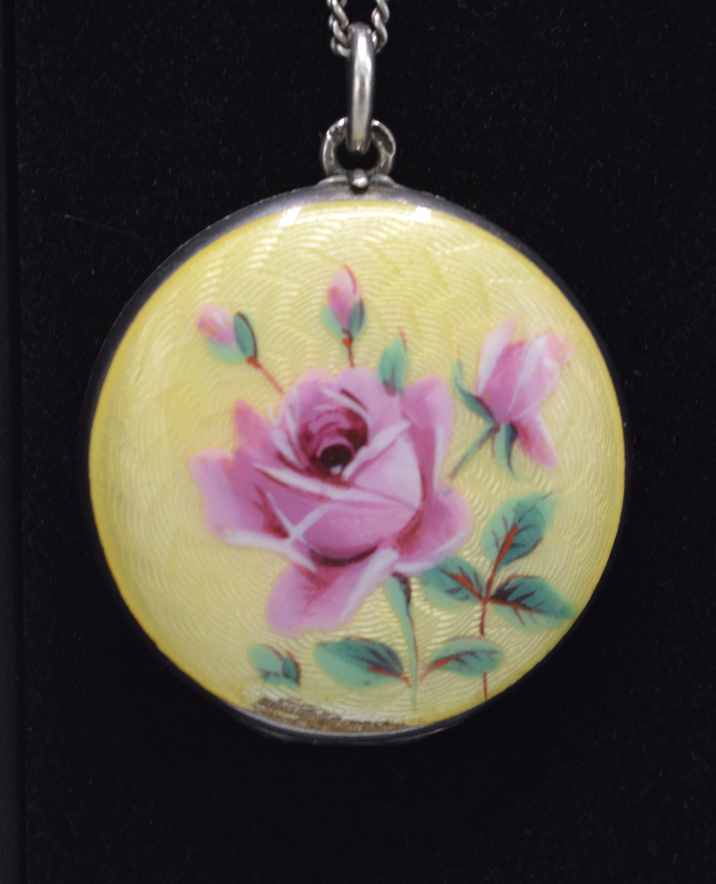 Antique Guilloche Enamel on Silver Locket With Pink Rose on Yellow - Etsy