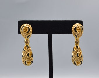 Vintage Christian Dior Dangle Pierced Earrings Gold Tone Black Enamel