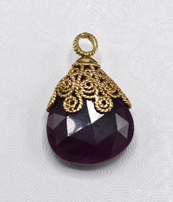 10k Gold Filigree Ruby Pendant: Pear Briolette So… - image 1