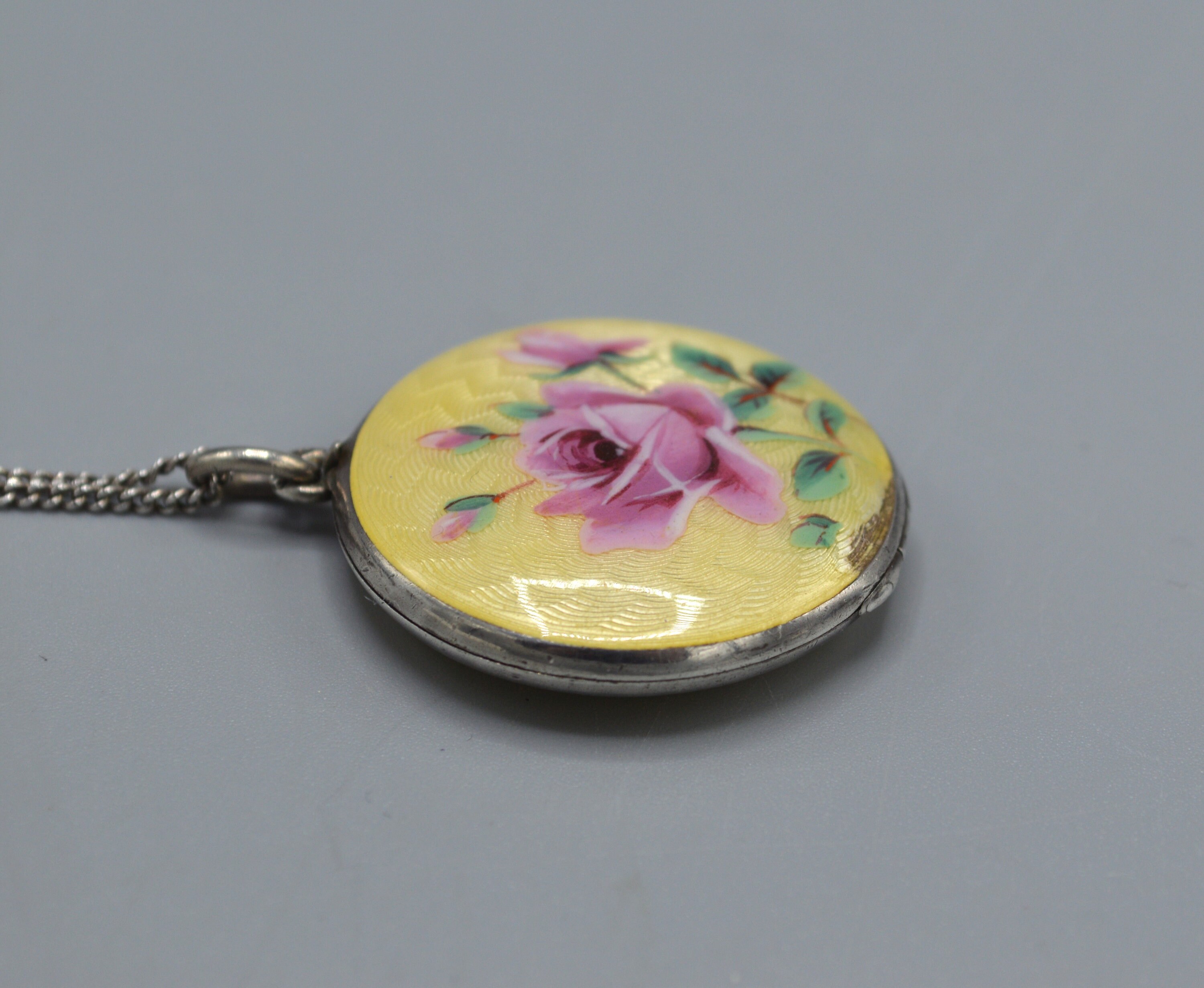 Antique Guilloche Enamel on Silver Locket With Pink Rose on Yellow - Etsy