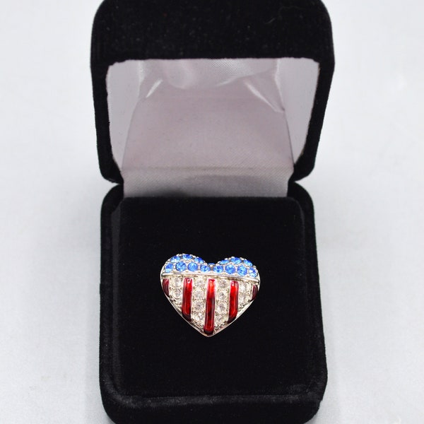 Swarovski Patriotic Heart Pin Lapel Pin Red White Blue Rhinestones