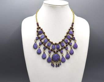 Vintage 2 Tiered Afghan Alpaka Necklace w/Lavender "Stones"