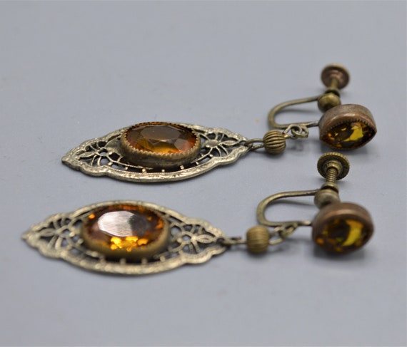 Edwardian Drop Dangling Earrings with Topaz Glass… - image 5