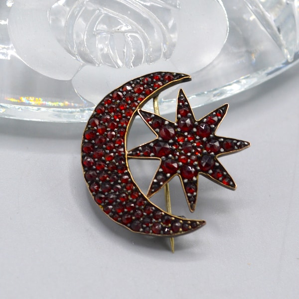 Antique Bohemian Garnet Star and Moon Pin/Brooch