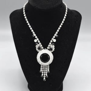 Verified Juliana Black and Clear Rhinestone Necklace w/ Large Black Round Dentelle Stone Center