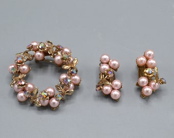 Vintage Pink Faux Pearl and Pink Aurora Borealis Circle Brooch and Earring Set