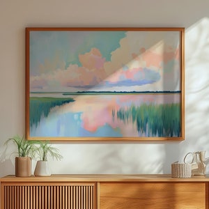 Peinture pastel coucher de soleil sur les marais : impression de paysage coloré (téléchargement numérique)