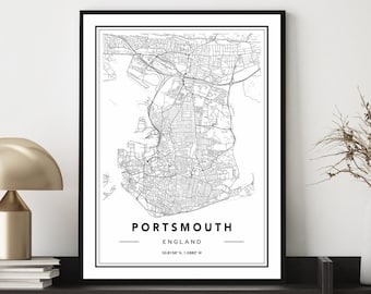 Stampa della mappa di Portsmouth: arte murale del paesaggio urbano