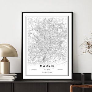 Impressão do mapa da cidade de Madri, pôster do mapa da Espanha de Madri, arte da parede de Madri, mapa de Madri, mapa mínimo de Madri, mapa de ruas de Madri