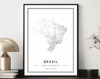 Impresión de mapa de Brasil, Póster de mapa de Brasil, Arte mural de mapa de Brasil mínimo, Mapa de Brasil, Póster de viaje de Brasil, Mapa de ciudad mínimo, Impresión de mapa personalizado