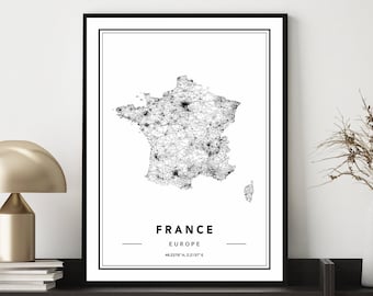 Impression de carte de France, Carte de France, Affiche de carte de France, Carte de France, Affiche de carte de France, Art mural de carte personnalisée, Affiche de voyage France