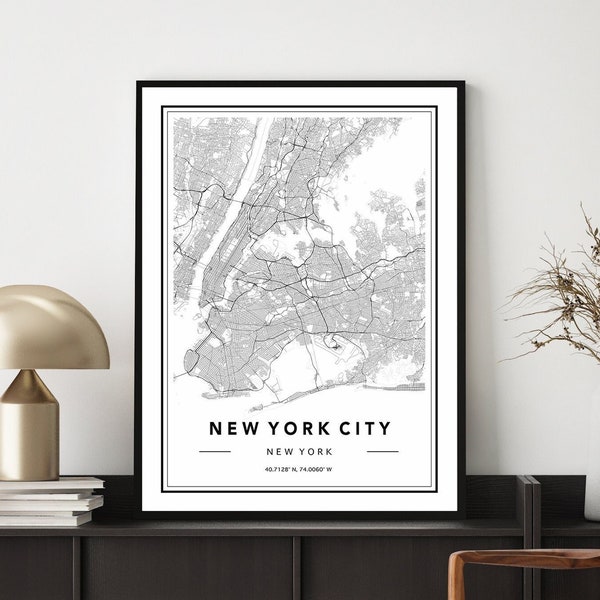 New York City Map Print, Map of New York City, New York Map Poster, Minimal New York Map, New York Street Map, New York Map Decor