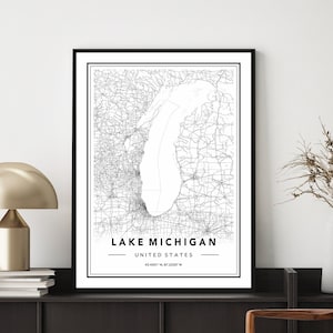 Lake Michigan Map Print, Lake Michigan Map Poster, Lake Michigan Map Wall Art, Map Of Lake Michigan, Michigan Poster, Custom Maps Available