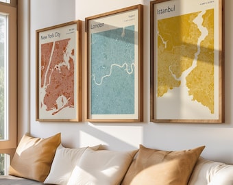 CUSTOM City Map Prints 3er Set: Jeder Ort 8 Farboptionen