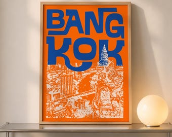 Bangkok Thailand Travel Poster:  Retro Illustration Wall Art (Digital Download)