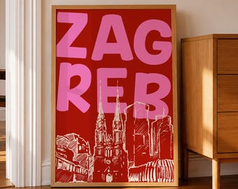 Zagreb, Croatia Travel Poster: Retro City Illustration Wall Art