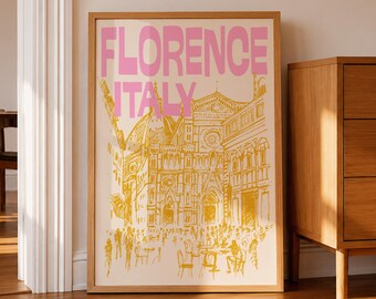 Florence Italy Travel Poster: Retro Pink and Yellow Wall Art