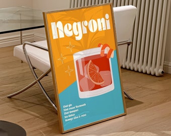 Retro Negroni Cocktail Art Print: Bar Cart Wall Decor