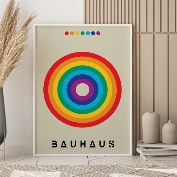 Bauhaus Art Print, Geometric Rainbow Bauhaus Poster, Minimal Bauhaus Wall Art, Swiss Minimalism Poster, Colourful Mid Century Poster | A61