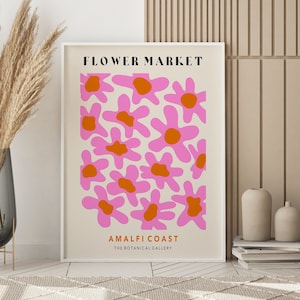 Flower Market Art Print, Pink Flower Market Poster, Flower Market Wall Art, Retro 70&#39;s Flower Market, Retro Flowers | F037